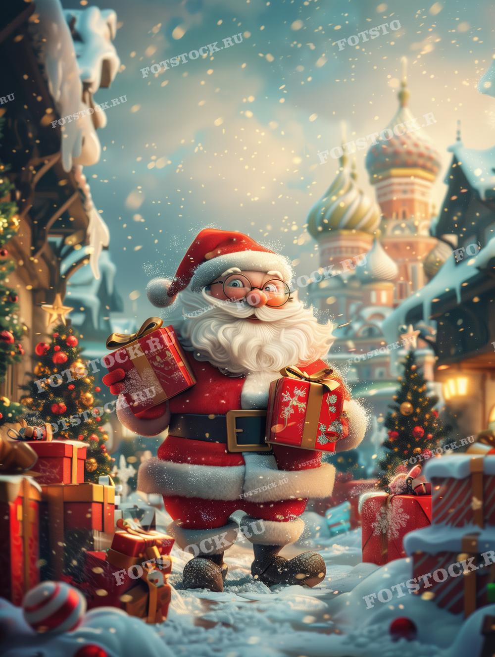 На иллюстрации изображен Санта-Клаус, стоящий на заснеженной улице зимнего города с подарками в руках. На заднем плане виднеются украшенные ёлки и праздничные огни, создавая атмосферу рождественского волшебства и радости.